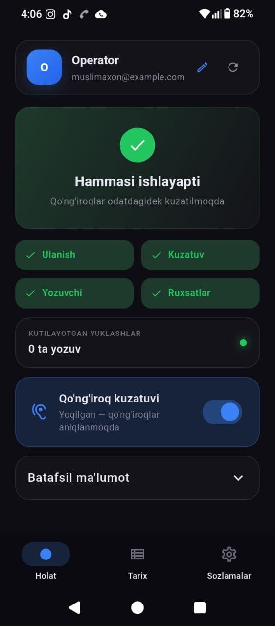 XCall mobil ilovasi — asosiy ekran