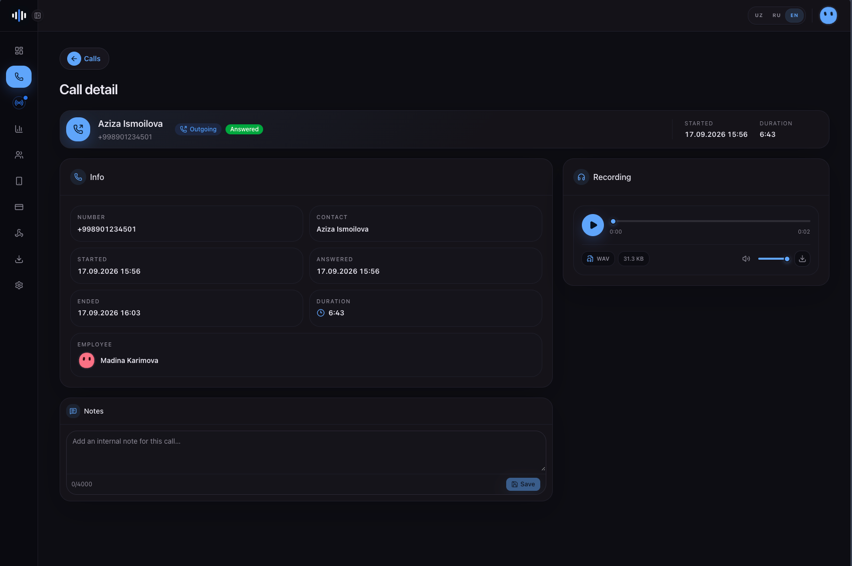 Qo'ng'iroq tafsiloti va audio pleyer